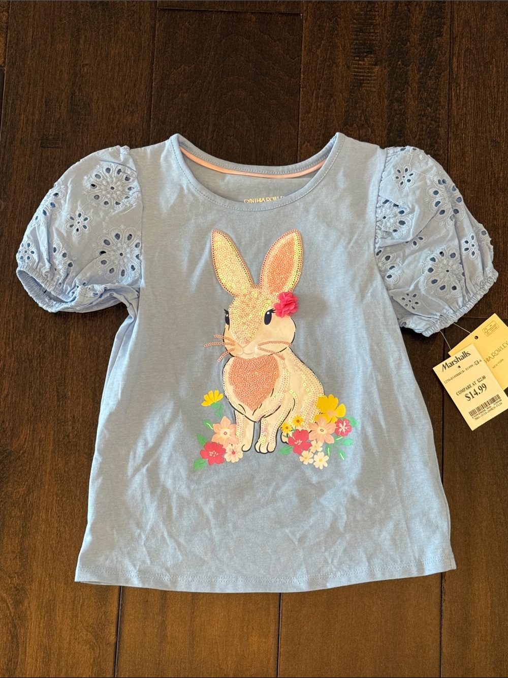 NWT Cynthia Rowley Light Blue Girls' Bunny Graphic Puff-Sleeve Tee! Size 5/6